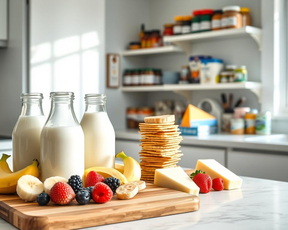 A bright, airy kitchen scene showcasing a variety of lactose-free food options. In the foreground, an assortment of dairy-free milk alternatives, including almond, soy, and oat milk, neatly arranged on a wooden cutting board. Interspersed are slices of fresh fruit, such as bananas and berries, providing natural sweetness. In the middle ground, a stack of whole-grain crackers and lactose-free cheese wedges rests on a marble countertop, bathed in soft, natural lighting. The background features a neatly organized pantry, stocked with an array of lactose-free condiments, baking goods, and specialty items, conveying a sense of abundance and choice for those seeking a lactose-free lifestyle. A bright, airy kitchen scene showcasing a variety of lactose-free food options. In the foreground, an assortment of dairy-free milk alternatives, including almond, soy, and oat milk, neatly arranged on a wooden cutting board. Interspersed are slices of fresh fruit, such as bananas and berries, providing natural sweetness. In the middle ground, a stack of whole-grain crackers and lactose-free cheese wedges rests on a marble countertop, bathed in soft, natural lighting. The background features a neatly organized pantry, stocked with an array of lactose-free condiments, baking goods, and specialty items, conveying a sense of abundance and choice for those seeking a lactose-free lifestyle.