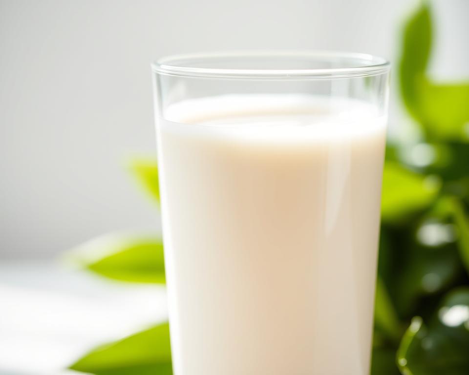 A bright, well-lit close-up shot of a glass filled with creamy, smooth, lactose-free milk, set against a blurred background of fresh green leaves and natural light. The milk appears rich and full-bodied, with a slight sheen on the surface. The glass is positioned at a slight angle, capturing the texture and viscosity of the milk in a visually appealing way. The overall composition conveys a sense of purity, health, and the natural benefits of lactose-free dairy.