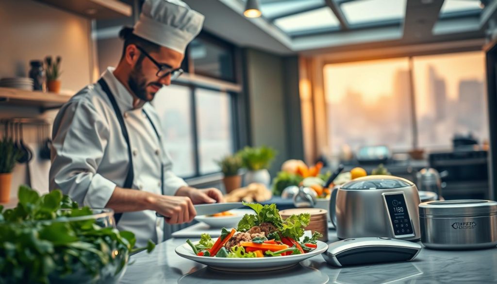 A bustling kitchen scene, bathed in warm, natural lighting. In the foreground, a chef effortlessly assembles a nutritious meal, chopping fresh vegetables and arranging them artfully on a plate. The middle ground features various innovative cooking appliances and gadgets, showcasing modern, time-saving methods for busy professionals. The background reveals a panoramic view of a modern, well-equipped urban kitchen, hinting at the latest trends in sustainable and efficient food preparation. The overall atmosphere conveys a sense of productivity, health-consciousness, and culinary innovation, perfectly capturing the spirit of "Innovative Nutrition Methods for Busy Individuals." A bustling kitchen scene, bathed in warm, natural lighting. In the foreground, a chef effortlessly assembles a nutritious meal, chopping fresh vegetables and arranging them artfully on a plate. The middle ground features various innovative cooking appliances and gadgets, showcasing modern, time-saving methods for busy professionals. The background reveals a panoramic view of a modern, well-equipped urban kitchen, hinting at the latest trends in sustainable and efficient food preparation. The overall atmosphere conveys a sense of productivity, health-consciousness, and culinary innovation, perfectly capturing the spirit of "Innovative Nutrition Methods for Busy Individuals."