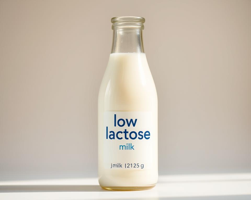 A close-up shot of a glass bottle filled with low-lactose milk, positioned against a soft, blurred background. The milk has a creamy, translucent appearance, and the bottle's label prominently displays the "low-lactose" text in both Russian and English. Gentle studio lighting casts a warm, natural glow on the scene, accentuating the milk's rich color and the bottle's smooth, reflective surface. The overall composition conveys a sense of purity, health, and simplicity, suitable for highlighting the benefits of low-lactose milk.