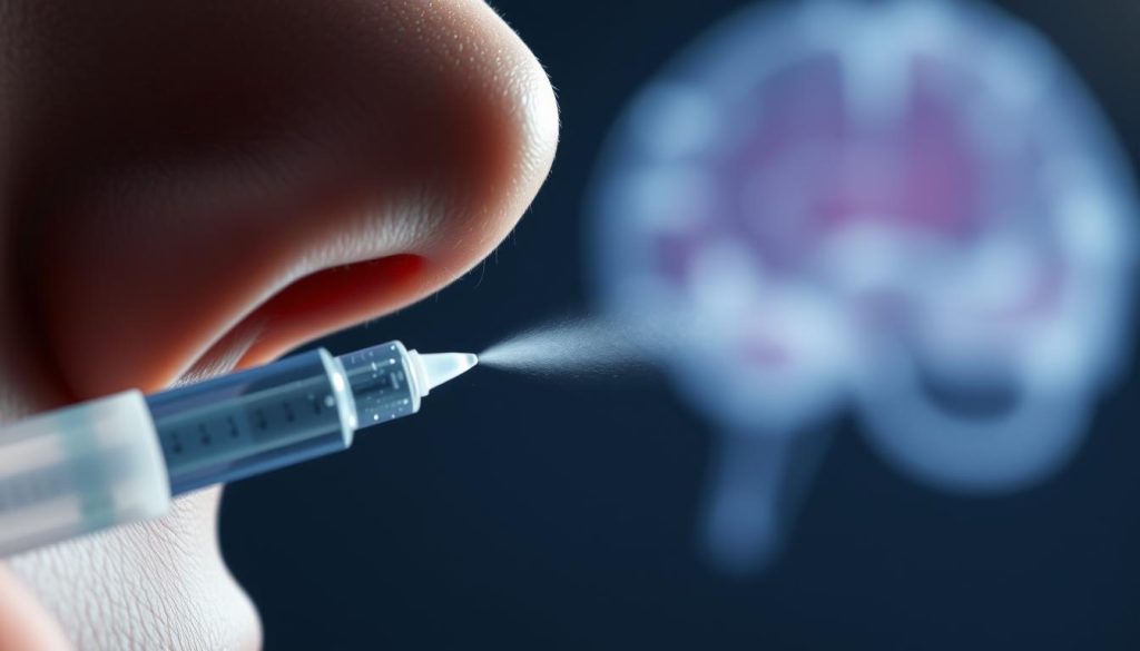 A close-up view of a person's nostril, with a fine mist of liquid being sprayed into it. The mist is a translucent, pale blue color, symbolizing the nasal vaccine. In the background, there is a blurred image of a human brain, representing the Alzheimer's disease. The lighting is soft and diffused, creating a serene, medical atmosphere. The focus is sharp on the nostril, emphasizing the administration of the vaccine, while the brain in the background suggests the potential impact on the target condition. The overall composition conveys the idea of a cutting-edge medical advancement, with a sense of hope and innovation in the fight against Alzheimer's disease.