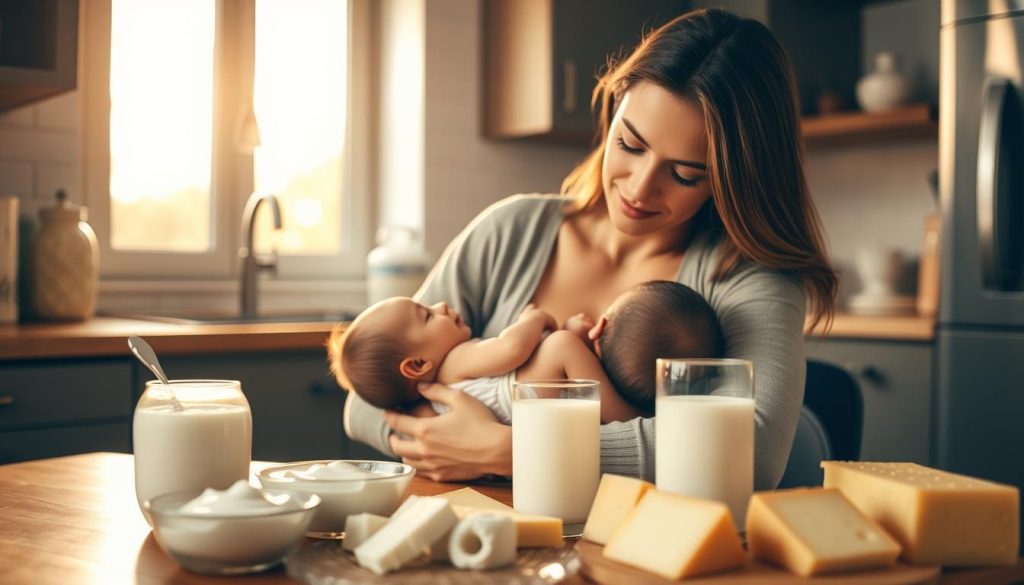 A cozy kitchen scene with a mother seated at a table, tenderly cradling a nursing infant. The tabletop is adorned with an array of fresh dairy products - creamy yogurt, tangy cheese, and a glass of rich milk. Warm, golden light filters through the window, casting a soft glow on the pair. The mother's expression exudes nurturing care as she gazes at her child, surrounded by the nourishing dairy essentials that support her own wellbeing and the healthy development of her little one. The scene evokes a sense of maternal comfort, balanced nutrition, and the vital role of dairy in the diet of breastfeeding mothers.