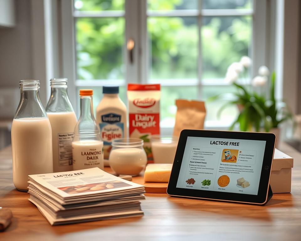 A cozy kitchen table set with a variety of lactose-free dairy alternatives, including almond milk, soy yogurt, and lactose-free cheese. Soft, diffused lighting illuminates the scene, creating a warm and inviting atmosphere. In the foreground, a stack of recipe cards and a tablet displaying nutritional information about lactose-free products. In the background, a window overlooking a lush, verdant garden, symbolizing the healthy, natural options available for those with lactose intolerance. The overall composition conveys a sense of guidance, nourishment, and a practical, wellness-focused approach to managing this dietary condition. A cozy kitchen table set with a variety of lactose-free dairy alternatives, including almond milk, soy yogurt, and lactose-free cheese. Soft, diffused lighting illuminates the scene, creating a warm and inviting atmosphere. In the foreground, a stack of recipe cards and a tablet displaying nutritional information about lactose-free products. In the background, a window overlooking a lush, verdant garden, symbolizing the healthy, natural options available for those with lactose intolerance. The overall composition conveys a sense of guidance, nourishment, and a practical, wellness-focused approach to managing this dietary condition.