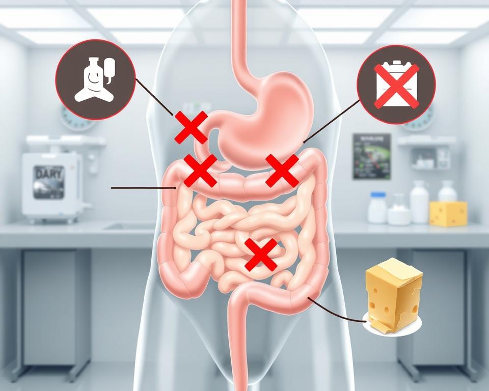 A detailed close-up illustration depicting the common symptoms of lactose intolerance. The foreground shows a human digestive system with highlighted areas of bloating, abdominal pain, diarrhea, and gas. The middle ground showcases various dairy products such as milk, cheese, and ice cream, with warning symbols and red X's overlaying them. The background features a minimalist, clinical setting with neutral tones and diagnostic equipment, conveying a sense of medical examination. The lighting is soft and evenly distributed, capturing the educational and informative nature of the scene. The composition and angles emphasize the informative nature of the image, inviting the viewer to understand the digestive challenges faced by those with lactose intolerance. A detailed close-up illustration depicting the common symptoms of lactose intolerance. The foreground shows a human digestive system with highlighted areas of bloating, abdominal pain, diarrhea, and gas. The middle ground showcases various dairy products such as milk, cheese, and ice cream, with warning symbols and red X's overlaying them. The background features a minimalist, clinical setting with neutral tones and diagnostic equipment, conveying a sense of medical examination. The lighting is soft and evenly distributed, capturing the educational and informative nature of the scene. The composition and angles emphasize the informative nature of the image, inviting the viewer to understand the digestive challenges faced by those with lactose intolerance.