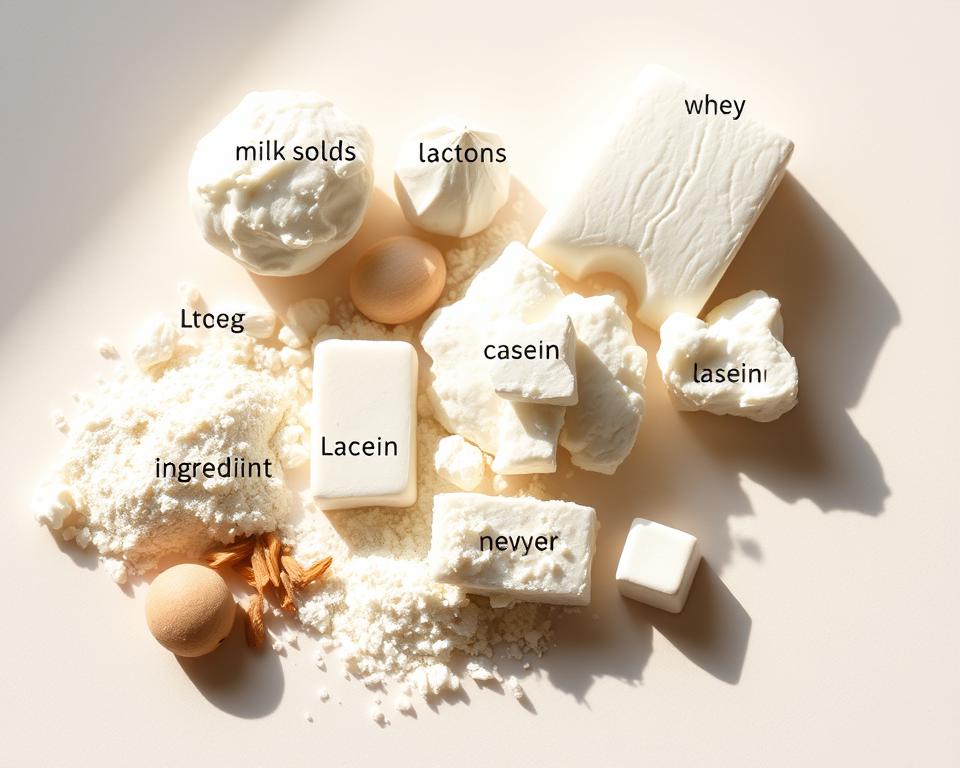 A detailed close-up shot of various hidden sources of lactose, such as milk solids, whey, and casein, neatly arranged on a clean, neutral-colored surface. The items are well-lit from the side, casting soft, directional shadows that add depth and dimension. The composition is balanced, allowing the viewer to clearly see and examine the different lactose-containing ingredients. The overall mood is informative and educational, conveying the importance of carefully reading food labels to identify hidden sources of lactose for those with lactose intolerance. A detailed close-up shot of various hidden sources of lactose, such as milk solids, whey, and casein, neatly arranged on a clean, neutral-colored surface. The items are well-lit from the side, casting soft, directional shadows that add depth and dimension. The composition is balanced, allowing the viewer to clearly see and examine the different lactose-containing ingredients. The overall mood is informative and educational, conveying the importance of carefully reading food labels to identify hidden sources of lactose for those with lactose intolerance.