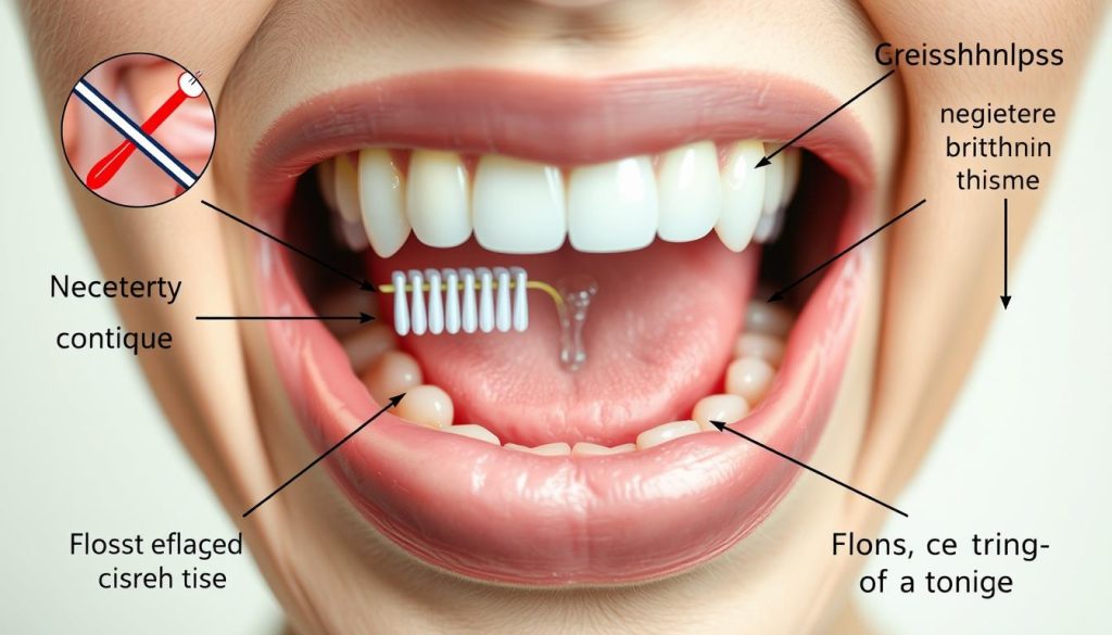 A detailed close-up view of common dental hygiene mistakes, such as improper brushing technique, neglecting flossing, and forgetting to clean the tongue. The image should convey a sense of dental discomfort and suboptimal oral health, with a crisp, clinical lighting setup that emphasizes the problem areas. The background should be a neutral, off-white color to draw the viewer's attention to the central mouth display. The overall composition should be balanced and visually engaging, guiding the viewer's eye to the key problem areas in a clear and informative manner.