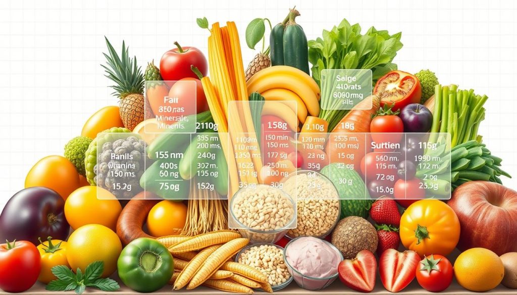 A detailed cross-section illustration depicting the nutritional content of various common food items. In the foreground, a variety of fresh, whole foods are arranged, including fruits, vegetables, grains, and proteins. The middle ground showcases transparent overlays highlighting the specific vitamins, minerals, and macronutrients present in each item. The background features a subtle grid or graph-like pattern, providing context and emphasizing the quantitative aspects of the nutritional information. The lighting is soft and even, creating a clean, educational aesthetic. The overall composition aims to visually communicate the diverse range of essential nutrients found in a balanced diet for different age groups. A detailed cross-section illustration depicting the nutritional content of various common food items. In the foreground, a variety of fresh, whole foods are arranged, including fruits, vegetables, grains, and proteins. The middle ground showcases transparent overlays highlighting the specific vitamins, minerals, and macronutrients present in each item. The background features a subtle grid or graph-like pattern, providing context and emphasizing the quantitative aspects of the nutritional information. The lighting is soft and even, creating a clean, educational aesthetic. The overall composition aims to visually communicate the diverse range of essential nutrients found in a balanced diet for different age groups.