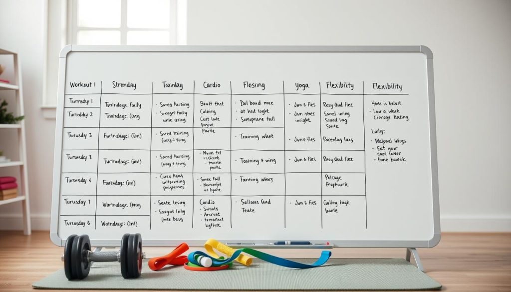 A detailed daily workout plan laid out on a clean, minimalist whiteboard. In the foreground, a well-organized schedule of exercise routines for different fitness goals - strength training, cardio, and flexibility. The middle ground shows a variety of workout equipment like dumbbells, resistance bands, and a yoga mat. The background is a bright, airy space with natural lighting filtering in, creating a motivating, serene atmosphere for the viewer to envision their own home workout regime. The layout is crisp and inviting, with clear sections and icons to represent the various workout types. A detailed daily workout plan laid out on a clean, minimalist whiteboard. In the foreground, a well-organized schedule of exercise routines for different fitness goals - strength training, cardio, and flexibility. The middle ground shows a variety of workout equipment like dumbbells, resistance bands, and a yoga mat. The background is a bright, airy space with natural lighting filtering in, creating a motivating, serene atmosphere for the viewer to envision their own home workout regime. The layout is crisp and inviting, with clear sections and icons to represent the various workout types.