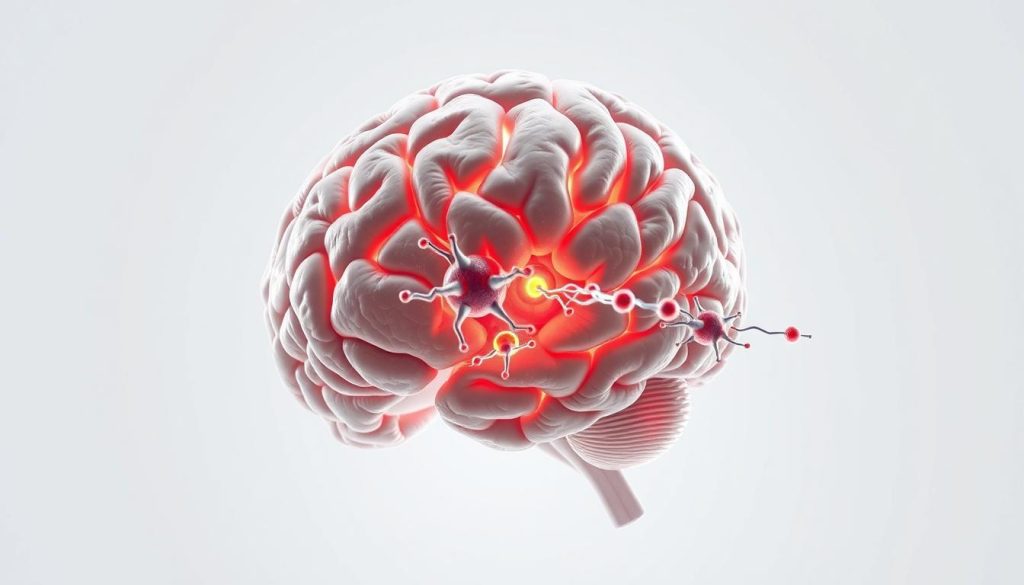 A detailed, high-resolution 3D rendering of a brain tumor being targeted and destroyed by genetically-modified CAR-T cells, set against a white background with subtle gradients. The CAR-T cells are shown as glowing, colorful constructs penetrating the tumor, with a sense of dynamic motion and scientific precision. The image conveys a tone of futuristic medical innovation, showcasing the potential of this promising cancer immunotherapy approach. Careful lighting and camera angles highlight the intricate cellular structures and the technical complexity of the CAR-T therapy process.