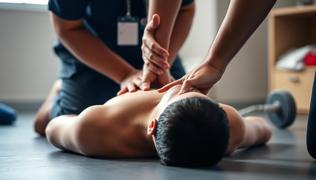 A detailed scene depicting cardiopulmonary resuscitation (CPR) on an adult subject. In the foreground, a person performs chest compressions with their hands interlocked, while another person administers rescue breaths. The lighting is bright and focused, capturing the urgency of the moment. Midground shows the prone position of the subject, with their head tilted back to open the airway. The background is blurred, suggesting a clinical or medical setting. The overall mood conveys a sense of life-saving action, with the figures working together to revive the patient. This image aims to visually communicate the critical importance of CPR skills for both adults and children. A detailed scene depicting cardiopulmonary resuscitation (CPR) on an adult subject. In the foreground, a person performs chest compressions with their hands interlocked, while another person administers rescue breaths. The lighting is bright and focused, capturing the urgency of the moment. Midground shows the prone position of the subject, with their head tilted back to open the airway. The background is blurred, suggesting a clinical or medical setting. The overall mood conveys a sense of life-saving action, with the figures working together to revive the patient. This image aims to visually communicate the critical importance of CPR skills for both adults and children.