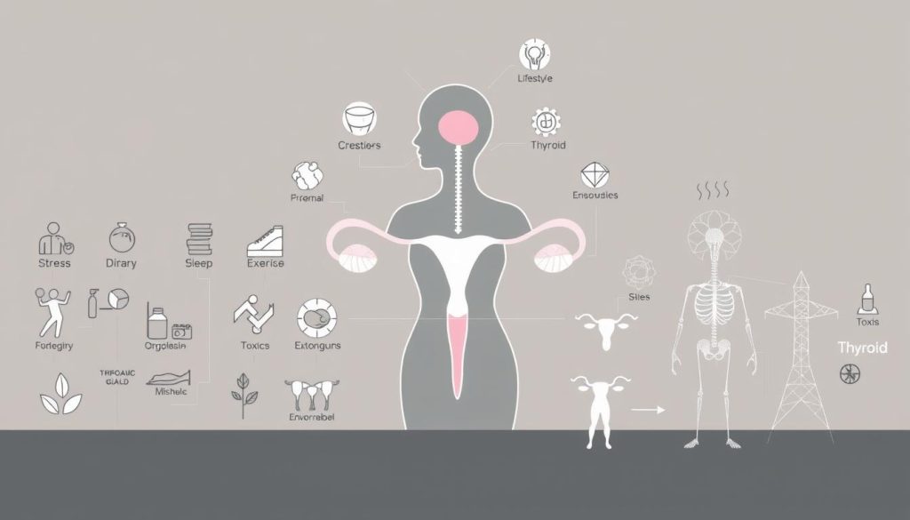 A detailed, scientific illustration depicting the key factors influencing the hormonal balance in women. The foreground shows various lifestyle elements like stress, diet, sleep, and exercise, each represented by simple icons or symbols. The middle ground showcases the endocrine system, with the pituitary gland, ovaries, and thyroid gland prominently featured. The background depicts environmental factors such as chemical exposures, toxins, and electromagnetic fields, all subtly integrated into the scene. The color palette is muted and professional, with a focus on clean lines and minimalist design. Crisp lighting from multiple angles highlights the various components, creating depth and dimensionality. The overall mood is informative and educational, suitable for a medical or health-focused article. A detailed, scientific illustration depicting the key factors influencing the hormonal balance in women. The foreground shows various lifestyle elements like stress, diet, sleep, and exercise, each represented by simple icons or symbols. The middle ground showcases the endocrine system, with the pituitary gland, ovaries, and thyroid gland prominently featured. The background depicts environmental factors such as chemical exposures, toxins, and electromagnetic fields, all subtly integrated into the scene. The color palette is muted and professional, with a focus on clean lines and minimalist design. Crisp lighting from multiple angles highlights the various components, creating depth and dimensionality. The overall mood is informative and educational, suitable for a medical or health-focused article.