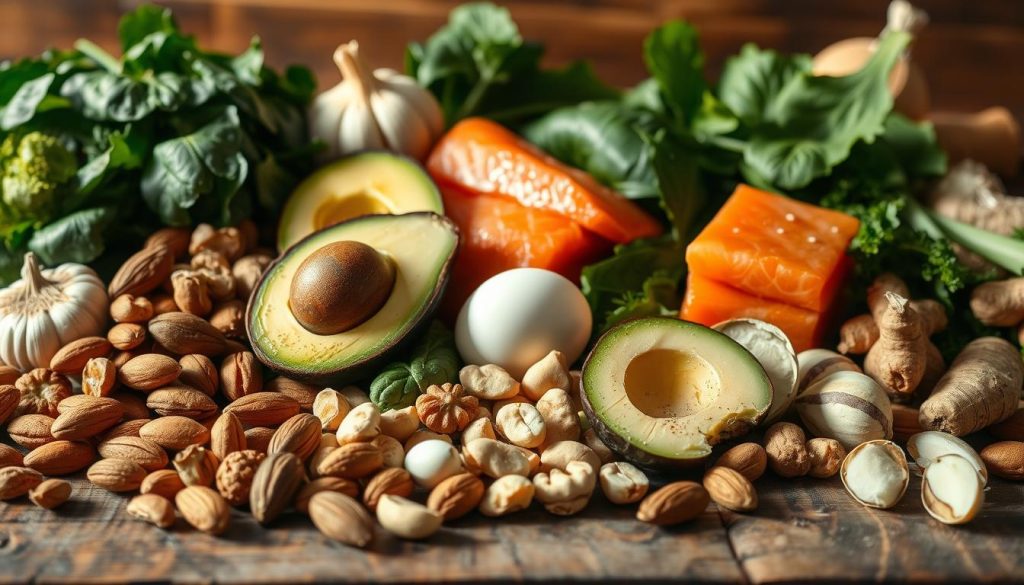 A detailed still life scene depicting a variety of healthy fats and protein sources for bolstering the immune system. In the foreground, a variety of nuts including almonds, walnuts, and cashews are arranged elegantly on a rustic wooden surface. In the middle ground, slices of avocado, salmon fillets, and eggs are positioned with care. The background features fresh leafy greens such as spinach and kale, along with other immunity-boosting ingredients like garlic and ginger. Warm, natural lighting illuminates the scene, highlighting the rich colors and textures of the ingredients. The overall composition conveys a sense of balance, nourishment, and vitality.