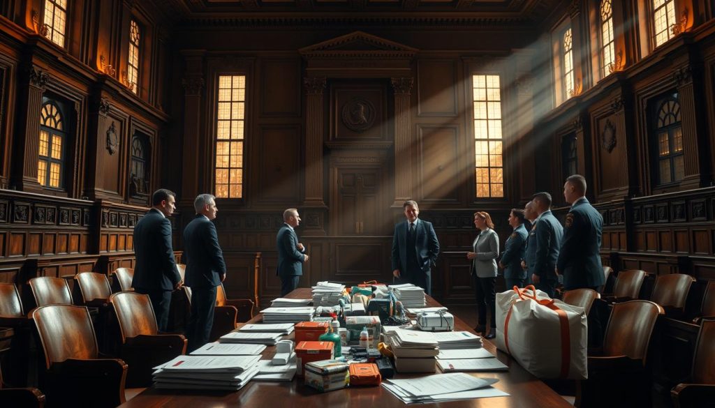 A dimly lit courtroom with wooden benches and ornate columns, showcasing the solemnity and gravity of the legislative process. In the foreground, a table covered in legal documents and medical supplies, representing the intersection of healthcare legislation and first aid protocols. Rays of light stream in through tall windows, casting a warm glow over the scene. Figures in suits and uniforms stand around the table, engaged in discussion, highlighting the collaborative effort to establish standards and guidelines for emergency medical care. The atmosphere is one of thoughtful deliberation, where the well-being of the public takes center stage. A dimly lit courtroom with wooden benches and ornate columns, showcasing the solemnity and gravity of the legislative process. In the foreground, a table covered in legal documents and medical supplies, representing the intersection of healthcare legislation and first aid protocols. Rays of light stream in through tall windows, casting a warm glow over the scene. Figures in suits and uniforms stand around the table, engaged in discussion, highlighting the collaborative effort to establish standards and guidelines for emergency medical care. The atmosphere is one of thoughtful deliberation, where the well-being of the public takes center stage.