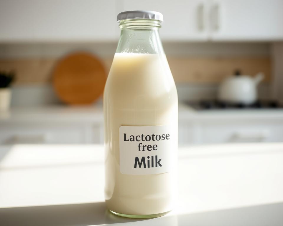 A glass bottle filled with creamy, smooth, high-quality lactose-free milk stands in the center of the frame. The bottle's label features a simple, minimalist design with the words "Lactose-Free Milk" prominently displayed. The bottle is illuminated by soft, natural lighting, casting gentle shadows and highlights on the glass and the milk's surface. In the background, a clean, bright kitchen counter or table provides a simple, uncluttered setting, allowing the bottle to be the focal point. The overall atmosphere conveys a sense of purity, freshness, and attention to quality, reflecting the section title "How to Choose Quality Lactose-Free Milk?"
