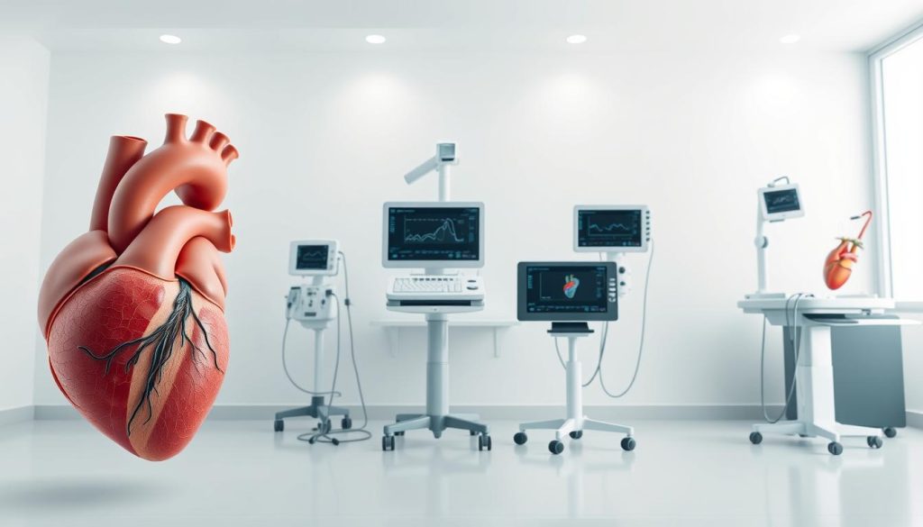 A high-resolution image of various cardiac diagnostic methods displayed in a clean, organized manner. The foreground showcases a detailed cross-section of the human heart, highlighting its anatomical structures. The middle ground features medical equipment such as an electrocardiogram (ECG) machine, an echocardiogram device, and a cardiac catheterization setup. The background depicts a minimalist, clinical setting with white walls and subtle lighting, creating a sense of professionalism and medical expertise. The overall composition conveys a comprehensive and educational visualization of the key diagnostic techniques used to monitor and assess the health of the cardiovascular system. A high-resolution image of various cardiac diagnostic methods displayed in a clean, organized manner. The foreground showcases a detailed cross-section of the human heart, highlighting its anatomical structures. The middle ground features medical equipment such as an electrocardiogram (ECG) machine, an echocardiogram device, and a cardiac catheterization setup. The background depicts a minimalist, clinical setting with white walls and subtle lighting, creating a sense of professionalism and medical expertise. The overall composition conveys a comprehensive and educational visualization of the key diagnostic techniques used to monitor and assess the health of the cardiovascular system.