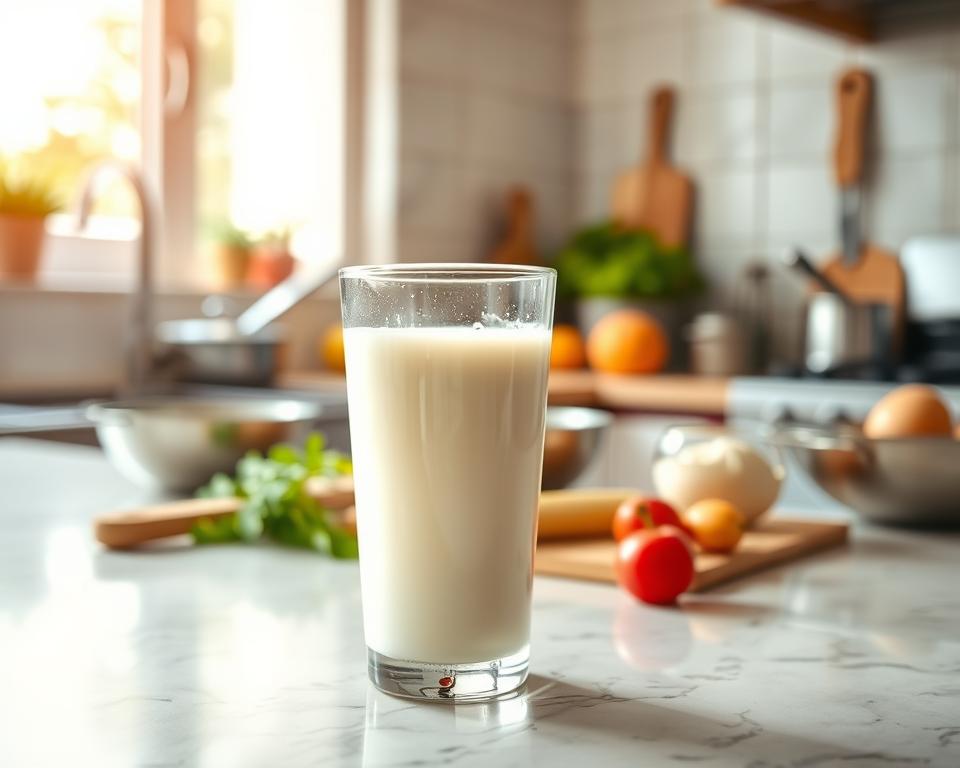 A kitchen countertop with a glass of low-lactose milk prominently displayed. The milk has a creamy, translucent appearance, illuminated by warm, natural lighting from a nearby window. In the background, various cooking ingredients and utensils are visible, hinting at the versatility of low-lactose milk in culinary applications. The scene conveys a sense of domestic, healthful, and approachable kitchen-based activities. The angle is slightly elevated, capturing the milk from an eye-level perspective, emphasizing its central role in the composition.