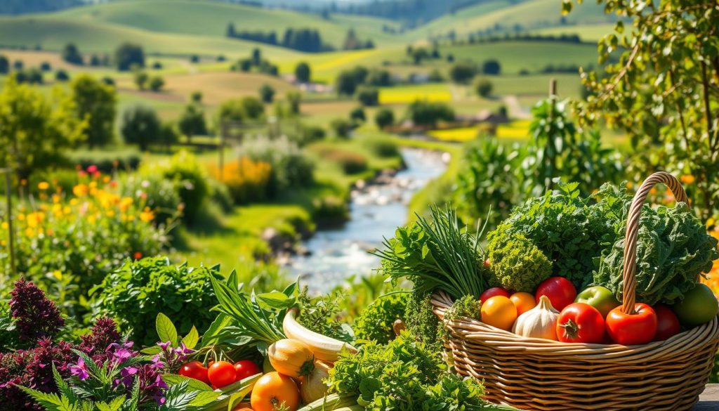 A lush, sun-dappled garden overflowing with an array of fresh, organic produce. In the foreground, a bountiful harvest of crisp vegetables, juicy fruits, and vibrant herbs arranged in a rustic wicker basket. The middle ground features a gently flowing stream, its banks lined with verdant foliage. In the background, rolling hills dotted with thriving orchards and verdant pastures create a serene, peaceful atmosphere. Soft, natural lighting illuminates the scene, casting warm, golden tones across the vibrant colors. The overall composition conveys a sense of balance, health, and environmental sustainability, perfectly reflecting the ideals of a balanced diet and clean, wholesome foods. A lush, sun-dappled garden overflowing with an array of fresh, organic produce. In the foreground, a bountiful harvest of crisp vegetables, juicy fruits, and vibrant herbs arranged in a rustic wicker basket. The middle ground features a gently flowing stream, its banks lined with verdant foliage. In the background, rolling hills dotted with thriving orchards and verdant pastures create a serene, peaceful atmosphere. Soft, natural lighting illuminates the scene, casting warm, golden tones across the vibrant colors. The overall composition conveys a sense of balance, health, and environmental sustainability, perfectly reflecting the ideals of a balanced diet and clean, wholesome foods.