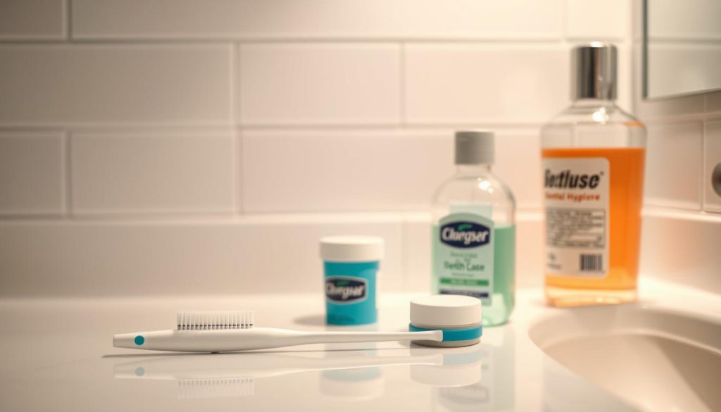 A pristine bathroom counter, soft lighting illuminating a set of gleaming dental care essentials - a toothbrush, toothpaste, dental floss, and mouthwash. The items are arranged in a visually appealing manner, hinting at a meticulous daily routine for maintaining oral hygiene. The background is a serene, minimalist tile wall, creating a calming, spa-like atmosphere. The overall scene conveys a sense of cleanliness, health, and well-being, reflecting the importance of proper dental and oral care.