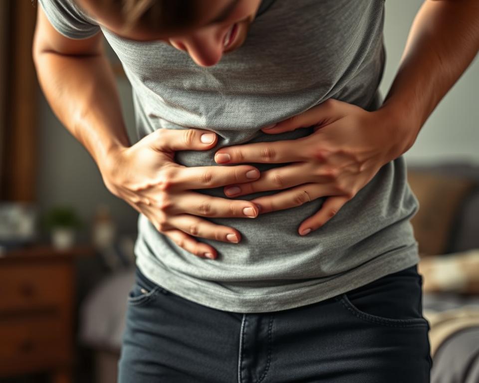A realistic illustration of the symptoms of lactose intolerance. A close-up view of a person's midsection, with their hands clutching their stomach in discomfort. The background is slightly blurred, but suggests a domestic setting, with hints of furniture or household items. The lighting is soft and natural, creating a sense of realism. The person's expression conveys a pained, distressed look, capturing the discomfort and distress associated with lactose intolerance. The color palette is muted, with warm tones to evoke a sense of intimacy and personal distress. The overall composition draws the viewer's attention to the central figure and their struggle with the symptoms of lactose intolerance.