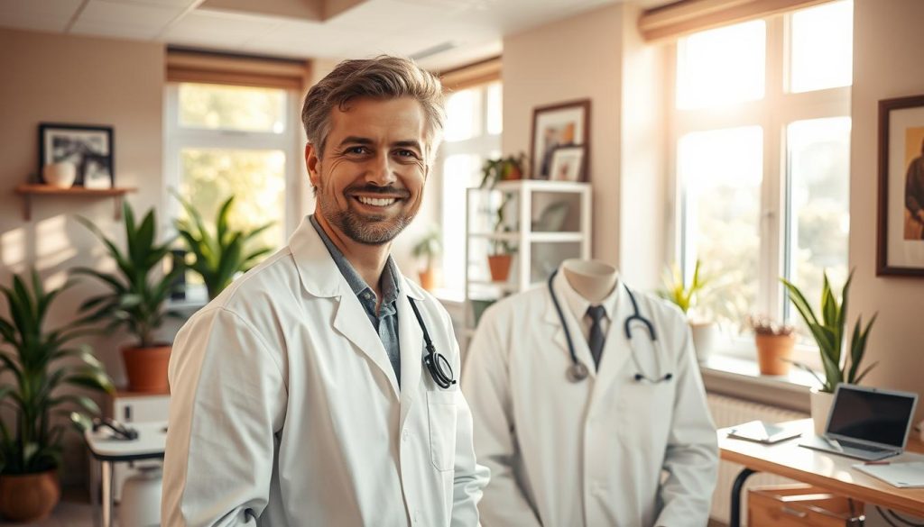 A serene and calming doctor's office, flooded with warm natural light from large windows. In the foreground, a smiling doctor in a crisp white coat examines a patient, their comforting presence radiating care and expertise. In the middle ground, various medical instruments and equipment are neatly arranged, conveying professionalism and attention to detail. The background features soothing earth-toned decor, with potted plants and tasteful artwork, creating an atmosphere of wellness and preventative health. The overall scene evokes a sense of trust, reassurance, and proactive healthcare, perfectly aligned with the theme of "Профилактика заболеваний и регулярные осмотры".