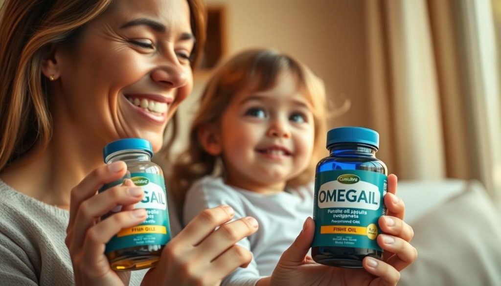 A serene, inviting scene featuring a joyful mother and child enjoying omega-3 supplements. In the foreground, a smiling woman holds a bottle of fish oil capsules, her face aglow with warmth. Her young daughter gazes up at her adoringly, her eyes wide with wonder. The middle ground shows the pair surrounded by soft, natural lighting, perhaps near a window or in a cozy living room. The background gently fades, suggesting a sense of comfort and tranquility. The composition evokes a feeling of harmony, health, and the special bond between a mother and child. Realistic, high-quality, detailed. A serene, inviting scene featuring a joyful mother and child enjoying omega-3 supplements. In the foreground, a smiling woman holds a bottle of fish oil capsules, her face aglow with warmth. Her young daughter gazes up at her adoringly, her eyes wide with wonder. The middle ground shows the pair surrounded by soft, natural lighting, perhaps near a window or in a cozy living room. The background gently fades, suggesting a sense of comfort and tranquility. The composition evokes a feeling of harmony, health, and the special bond between a mother and child. Realistic, high-quality, detailed.