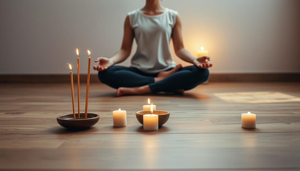A serene meditation scene with a person sitting cross-legged in a lotus position on a wooden floor, surrounded by burning incense sticks, candles, and a small bowl of water. The lighting is soft and warm, creating a calming atmosphere. In the background, there is a simple, minimalist wall with a subtle texture, conveying a sense of tranquility. The overall composition is balanced and symmetrical, inviting the viewer to find inner peace and stillness.