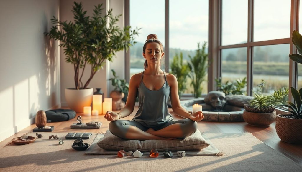 A serene meditation studio with warm lighting and a soft, ethereal atmosphere. In the foreground, a person sits cross-legged on a plush cushion, hands resting gently on their lap, eyes closed in deep contemplation. Surrounding them, an array of meditation tools and crystals are neatly arranged, creating a soothing and introspective ambiance. The middle ground features a tranquil indoor garden, with lush greenery and a gently flowing water feature, encouraging a sense of connection with nature. In the background, a large window overlooks a peaceful outdoor landscape, imbuing the space with a sense of openness and tranquility. The overall composition conveys a harmonious and introspective environment, ideal for self-discovery and spiritual exploration.