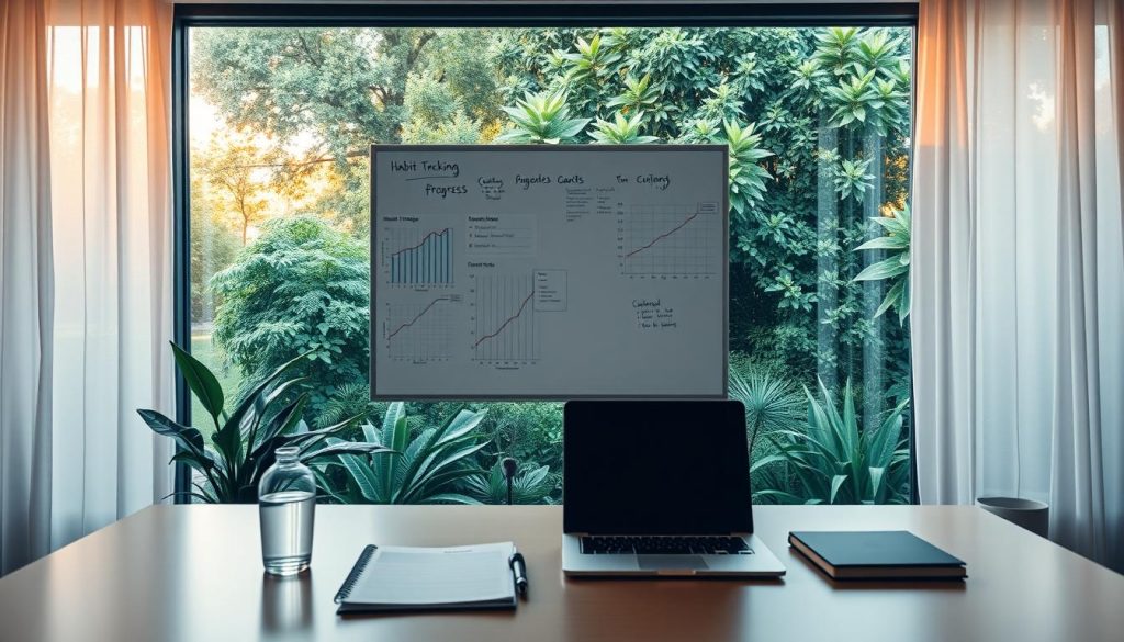 A serene, minimalist home office scene. In the foreground, a desk with a laptop, a planner, and a glass of water, symbolizing productivity and focus. The middle ground features a large whiteboard displaying habit tracking graphs and progress notes, conveying the idea of monitoring and self-discipline. The background showcases a large window overlooking a lush, verdant garden, bathed in warm, natural lighting that creates a soothing, contemplative atmosphere. The overall scene reflects an environment conducive to personal growth and the development of healthy habits.