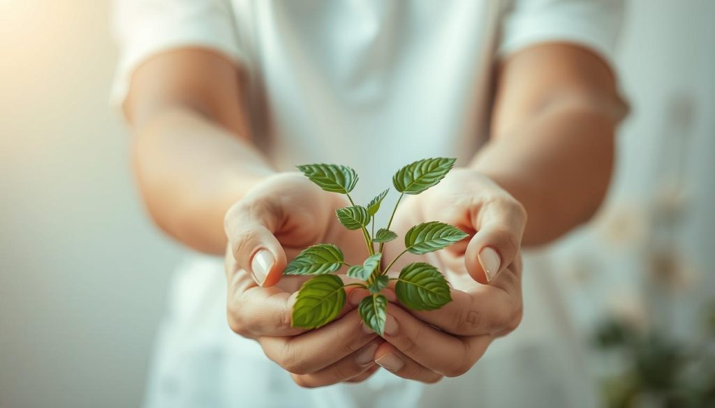 A serene, minimalist scene depicting the replacement of a harmful habit with a healthier one. In the foreground, a person's hands tenderly hold a leafy, vibrant plant, symbolizing the nurturing of a new, positive routine. The background features a subtly blurred, soothing natural environment, with soft, warm lighting casting a calming glow. The overall composition conveys a sense of tranquility, growth, and the empowering process of habit transformation. The image should evoke a feeling of hope and the possibility of positive change.
