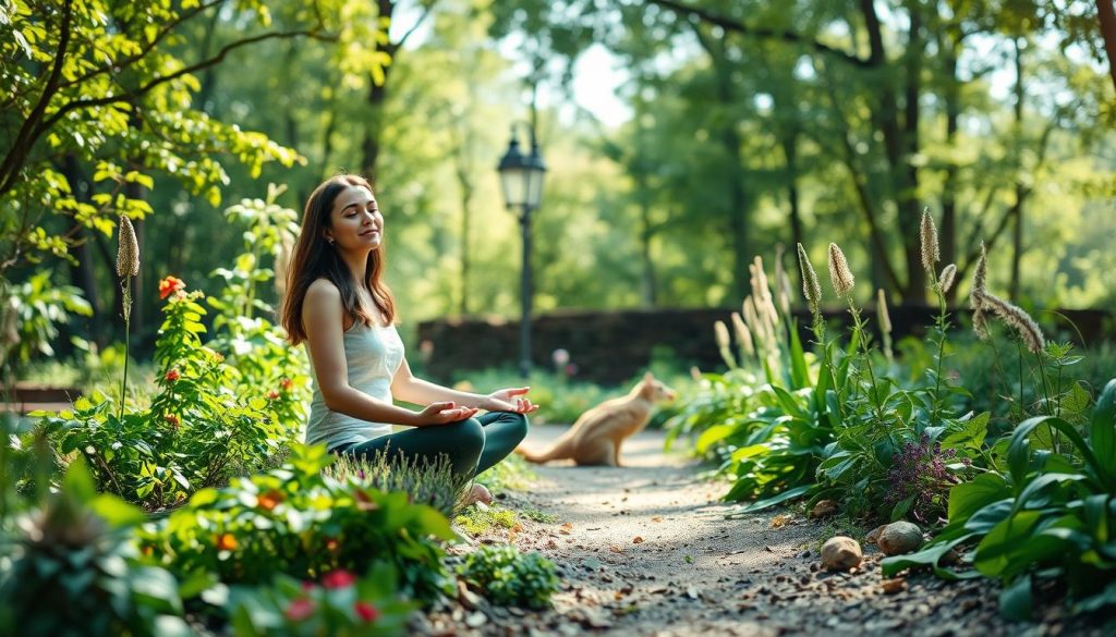 A serene, natural scene depicting methods for hormonal balance. In the foreground, a woman sits cross-legged, her eyes closed in meditation, surrounded by a lush, verdant garden. Midground, various herbs and botanicals typical of natural remedies line the path, their vibrant colors and textures inviting exploration. In the background, a sun-dappled forest provides a tranquil, earthy backdrop, suggesting the calming, holistic approach to hormonal health. Soft, natural lighting filters through the scene, creating a warm, inviting atmosphere. The composition emphasizes balance, harmony, and the restorative power of nature. A serene, natural scene depicting methods for hormonal balance. In the foreground, a woman sits cross-legged, her eyes closed in meditation, surrounded by a lush, verdant garden. Midground, various herbs and botanicals typical of natural remedies line the path, their vibrant colors and textures inviting exploration. In the background, a sun-dappled forest provides a tranquil, earthy backdrop, suggesting the calming, holistic approach to hormonal health. Soft, natural lighting filters through the scene, creating a warm, inviting atmosphere. The composition emphasizes balance, harmony, and the restorative power of nature.