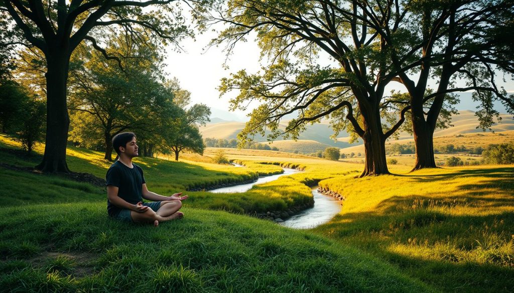 A serene outdoor scene depicting the harmonious interaction between nature and human wellbeing. In the foreground, a person sits cross-legged on a grassy knoll, eyes closed in deep meditation as they connect with the natural world. The middle ground features a tranquil stream winding through a lush, verdant landscape, with towering trees providing a gentle canopy of shade. In the background, distant rolling hills are bathed in warm, golden light, creating a sense of calm and tranquility. The overall composition conveys a deep appreciation for the restorative and healing power of nature, inviting the viewer to immerse themselves in this soothing, natural setting. A serene outdoor scene depicting the harmonious interaction between nature and human wellbeing. In the foreground, a person sits cross-legged on a grassy knoll, eyes closed in deep meditation as they connect with the natural world. The middle ground features a tranquil stream winding through a lush, verdant landscape, with towering trees providing a gentle canopy of shade. In the background, distant rolling hills are bathed in warm, golden light, creating a sense of calm and tranquility. The overall composition conveys a deep appreciation for the restorative and healing power of nature, inviting the viewer to immerse themselves in this soothing, natural setting.