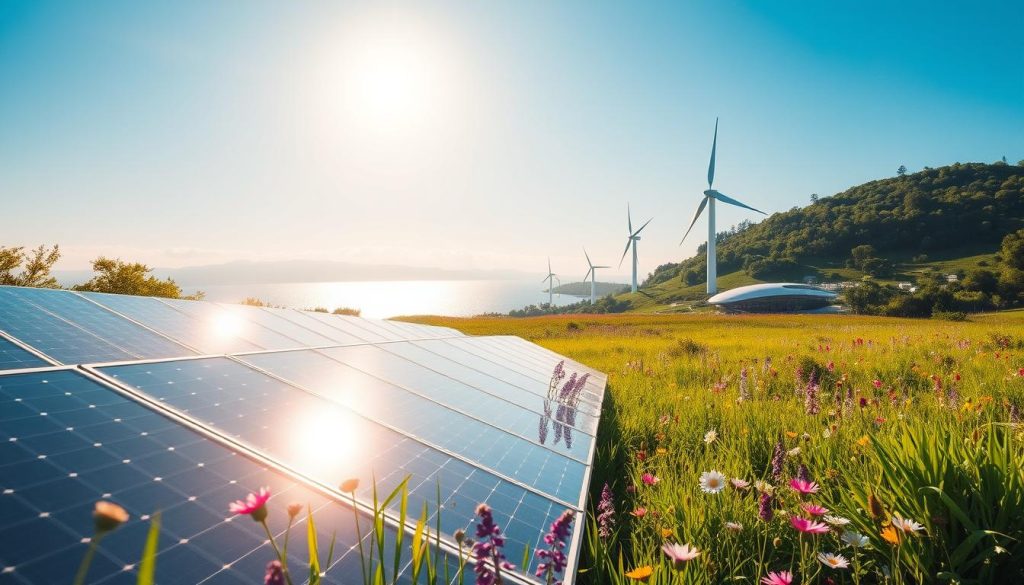 A serene, sun-dappled meadow, brimming with vibrant wildflowers and lush greenery. In the foreground, a gleaming array of solar panels capture the sun's radiant energy, their sleek surfaces reflecting the natural surroundings. Nestled among the flora, cutting-edge wind turbines stand tall, their blades gently turning in the breeze. In the distance, a shimmering lake mirrors the azure sky, while a futuristic eco-village blends seamlessly with the landscape, its architecture incorporating sustainable, nature-inspired designs. The scene exudes a sense of harmony, where innovative environmental technologies coexist in perfect balance with the beauty of the natural world. A serene, sun-dappled meadow, brimming with vibrant wildflowers and lush greenery. In the foreground, a gleaming array of solar panels capture the sun's radiant energy, their sleek surfaces reflecting the natural surroundings. Nestled among the flora, cutting-edge wind turbines stand tall, their blades gently turning in the breeze. In the distance, a shimmering lake mirrors the azure sky, while a futuristic eco-village blends seamlessly with the landscape, its architecture incorporating sustainable, nature-inspired designs. The scene exudes a sense of harmony, where innovative environmental technologies coexist in perfect balance with the beauty of the natural world.
