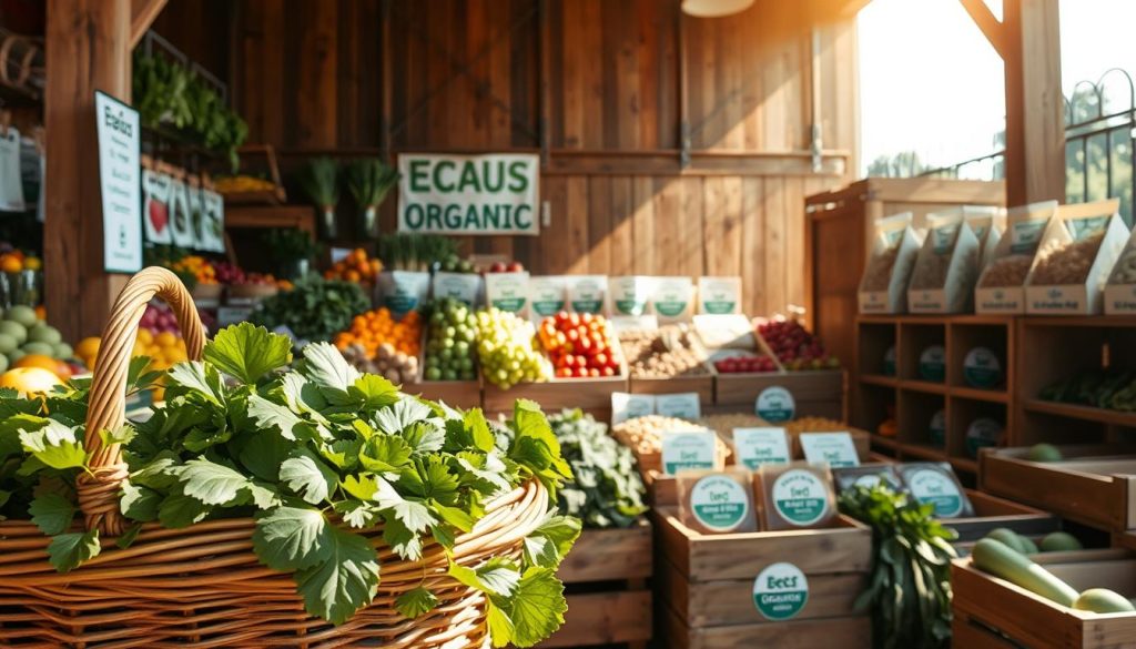 A serene, sun-dappled organic produce market, with vibrant stalls offering a diverse array of eco-certified fruits, vegetables, and grains. In the foreground, a wicker basket overflows with freshly harvested greens, their verdant hues reflecting the natural light. In the middle ground, wooden crates display an array of certified organic labels, conveying the products' purity and sustainability. In the background, a rustic barn-like structure provides a warm, earthy backdrop, its weathered wood panels evoking a sense of tradition and connection to the land. The overall scene radiates a sense of health, vitality, and environmental consciousness, inviting the viewer to explore and discover the benefits of eco-friendly food choices.
