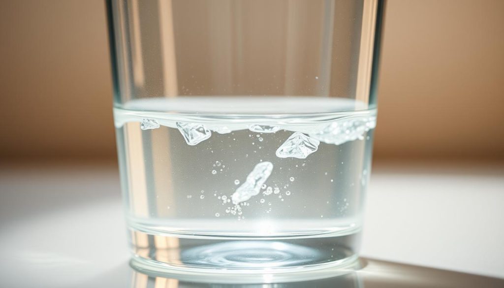 A serene, well-lit close-up of a transparent glass filled with cool, clear water, capturing the gentle ripples and reflections on the surface. The water appears refreshing and pure, with a subtle shimmer as if infused with natural minerals. The background is subtly blurred, allowing the water to take center stage and symbolize its essence as a vital element for skin health and beauty. Soft, diffused lighting casts a warm, glowing radiance on the water, creating a calming, peaceful atmosphere that evokes feelings of natural rejuvenation and youthful vitality. A serene, well-lit close-up of a transparent glass filled with cool, clear water, capturing the gentle ripples and reflections on the surface. The water appears refreshing and pure, with a subtle shimmer as if infused with natural minerals. The background is subtly blurred, allowing the water to take center stage and symbolize its essence as a vital element for skin health and beauty. Soft, diffused lighting casts a warm, glowing radiance on the water, creating a calming, peaceful atmosphere that evokes feelings of natural rejuvenation and youthful vitality.