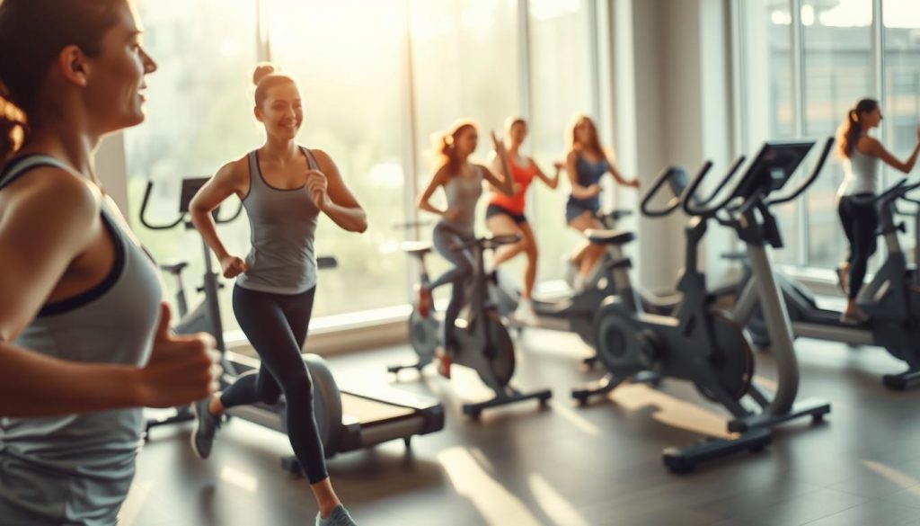 A serene, well-lit indoor gym scene with a focus on cardiovascular exercises. In the foreground, a person running on a treadmill, their form and expression conveying determination. In the middle ground, a group of people performing low-impact exercises like jumping jacks and leg raises. The background features stationary bicycles, elliptical machines, and other cardio equipment, all bathed in soft, natural lighting that creates a calming atmosphere. The overall scene captures the essence of a well-designed workout space dedicated to improving heart and vascular health. A serene, well-lit indoor gym scene with a focus on cardiovascular exercises. In the foreground, a person running on a treadmill, their form and expression conveying determination. In the middle ground, a group of people performing low-impact exercises like jumping jacks and leg raises. The background features stationary bicycles, elliptical machines, and other cardio equipment, all bathed in soft, natural lighting that creates a calming atmosphere. The overall scene captures the essence of a well-designed workout space dedicated to improving heart and vascular health.