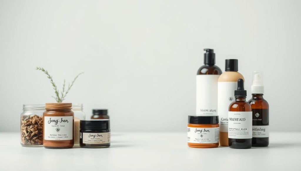 A side-by-side comparison of natural and commercial skincare products on a clean, minimalist background. In the foreground, two rows of neatly arranged jars and bottles, with the natural products on the left and the commercial products on the right. The natural items have earthy, organic textures and minimal, hand-drawn labels, while the commercial items have sleek, glossy packaging and bold branding. Soft, diffused lighting illuminates the products, creating a serene, professional atmosphere. The middle ground features a neutral color palette of muted greens, whites, and grays, emphasizing the simplicity and purity of the natural ingredients. The background fades into a soft, hazy blur, keeping the focus solely on the comparison of the two product categories.