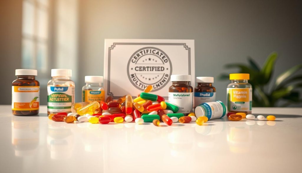 A still life arrangement depicting a group of certified multivitamin supplements. The foreground features a collection of various vitamin and mineral capsules, tablets, and gummies arranged in an aesthetically pleasing manner on a clean, reflective surface. The middle ground showcases a certificate or seal of approval, indicating the high quality and safety standards of the products. The background is softly blurred, creating a sense of focus on the central supplements. Warm, natural lighting casts a gentle glow, highlighting the vibrant colors and textures of the vitamins. The overall mood is one of professionalism, trustworthiness, and the promotion of optimal health and wellness.