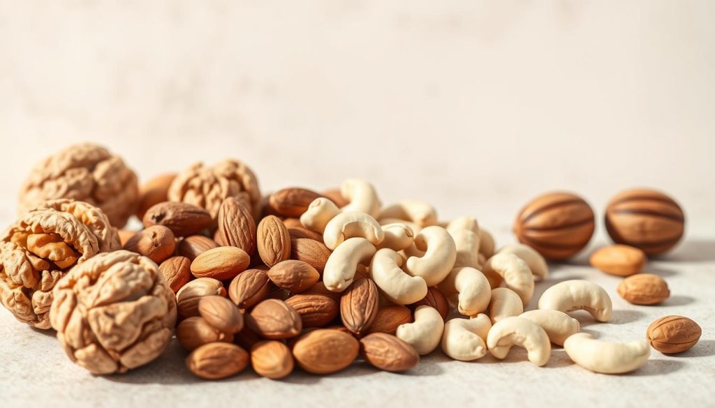 A still life composition showcasing a variety of nutritious nuts and their role in weight management. Prominently featured are walnuts, almonds, cashews, and brazil nuts arranged in natural light against a neutral background. The nuts are depicted in an appealing and appetizing manner, emphasizing their texture, color, and natural beauty. The image conveys a sense of balance, health, and mindful consumption, complementing the article's focus on the benefits of incorporating nuts into a balanced diet for metabolic regulation and weight control. The lighting is soft and natural, highlighting the shapes and details of the nuts. The overall mood is one of simplicity, wellness, and culinary inspiration.