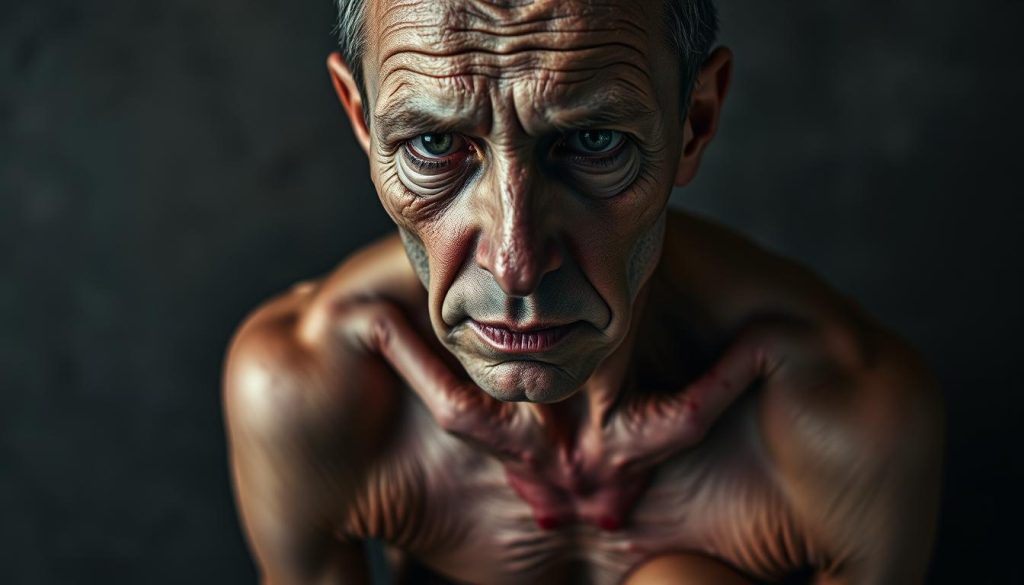 A striking full-body portrait depicting the visible consequences of harmful habits. Set against a muted, abstracted background, the subject's face and body are rendered in vivid detail, showcasing the physical toll of addiction, poor diet, and lack of self-care. Sunken eyes, sallow skin, and a hunched posture convey the debilitating effects, while the harsh, dramatic lighting casts an ominous, cautionary tone. The composition emphasizes the subject's vulnerability, urging the viewer to reflect on the importance of a healthy lifestyle. Subtle, symbolic visual elements subtly reinforce the theme.