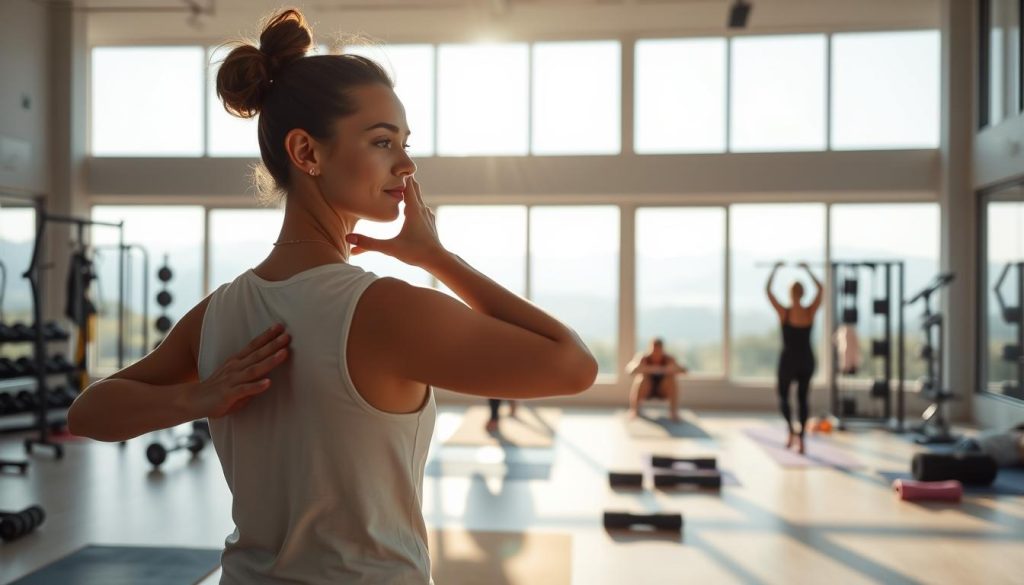 A tranquil gym interior, bathed in soft, natural lighting that filters through large windows. In the foreground, a person performing a series of controlled, mindful stretches, their expression serene and focused. Surrounding them, an array of exercise equipment - free weights, resistance bands, and yoga mats - arranged in a harmonious, uncluttered manner. The middle ground features a few others engaged in various low-impact exercises, their movements fluid and unhurried. In the background, a serene landscape visible through the windows, perhaps rolling hills or a peaceful forest, symbolizing the connection between physical and mental well-being. The overall atmosphere is one of calm, rejuvenation, and the restorative power of physical activity.