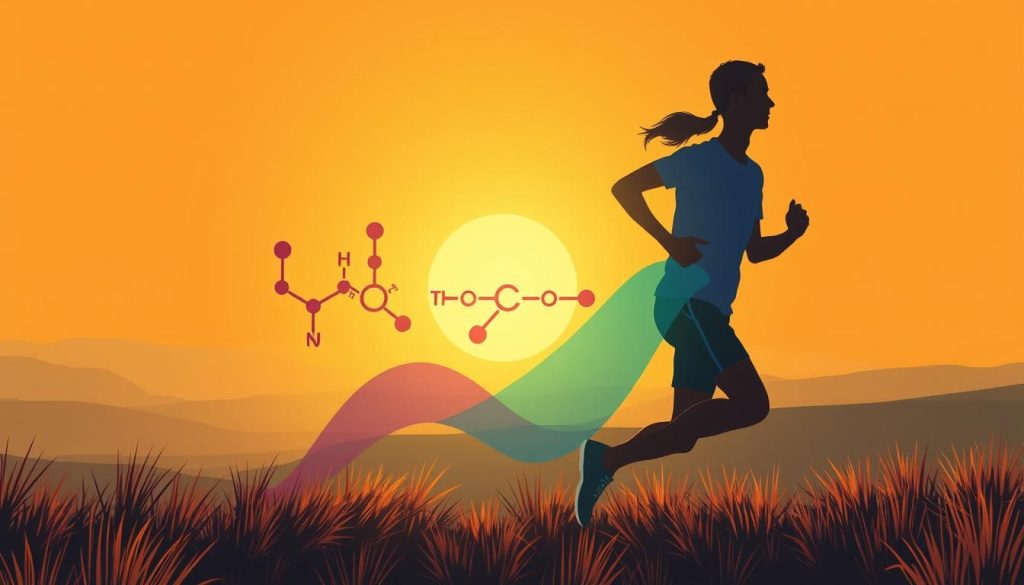 A vibrant and dynamic illustration showcasing the interplay of endorphins and serotonin, key neurotransmitters that promote emotional well-being. In the foreground, a runner's silhouette against a warm, golden sky, their body radiating an aura of energy and euphoria. In the middle ground, abstract forms and shapes representing the chemical structures of endorphins and serotonin, pulsing and flowing in synchronized harmony. The background features a serene, tranquil landscape, suggesting the calming and restorative effects of physical activity on the mind and spirit. The overall composition conveys the uplifting and mood-enhancing benefits of exercise, capturing the essence of how sport can improve mental health and emotional balance.