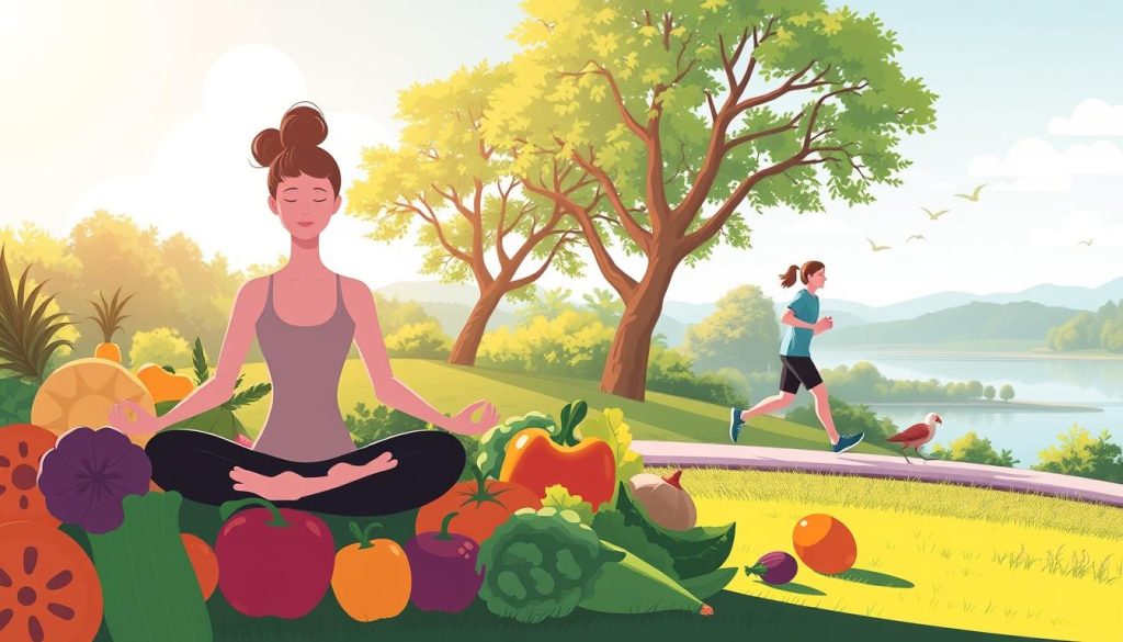 A vibrant illustration depicting the key factors of a healthy lifestyle. In the foreground, a serene figure practicing yoga or meditation, surrounded by organic fruits and vegetables. In the middle ground, a person jogging in a picturesque park setting, with trees and a scenic lake in the background. Subtle lighting from the side casts a warm, natural glow, highlighting the tranquility and balance of the scene. The overall mood is one of harmony, wellness, and a deep connection to nature. The composition is well-balanced, with a sense of depth and visual interest, inviting the viewer to immerse themselves in the healthful atmosphere. A vibrant illustration depicting the key factors of a healthy lifestyle. In the foreground, a serene figure practicing yoga or meditation, surrounded by organic fruits and vegetables. In the middle ground, a person jogging in a picturesque park setting, with trees and a scenic lake in the background. Subtle lighting from the side casts a warm, natural glow, highlighting the tranquility and balance of the scene. The overall mood is one of harmony, wellness, and a deep connection to nature. The composition is well-balanced, with a sense of depth and visual interest, inviting the viewer to immerse themselves in the healthful atmosphere.