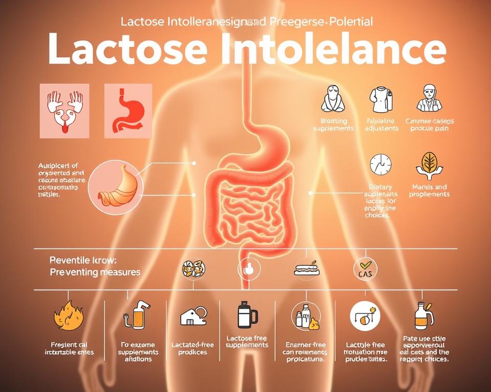 A vibrant medical diagram depicting the potential complications and preventive measures for lactose intolerance. In the foreground, a series of anatomical illustrations highlighting the gastrointestinal system, with highlighted areas showcasing common issues like bloating, diarrhea, and abdominal pain. In the middle ground, a series of lifestyle icons representing dietary adjustments, enzyme supplements, and lactose-free product choices. The background features a soft, muted color palette, conveying a sense of professional expertise and clinical authority. Lit by warm, diffused lighting, the image strikes a balance between informative and visually engaging, designed to educate and empower readers on the management of lactose intolerance. A vibrant medical diagram depicting the potential complications and preventive measures for lactose intolerance. In the foreground, a series of anatomical illustrations highlighting the gastrointestinal system, with highlighted areas showcasing common issues like bloating, diarrhea, and abdominal pain. In the middle ground, a series of lifestyle icons representing dietary adjustments, enzyme supplements, and lactose-free product choices. The background features a soft, muted color palette, conveying a sense of professional expertise and clinical authority. Lit by warm, diffused lighting, the image strikes a balance between informative and visually engaging, designed to educate and empower readers on the management of lactose intolerance.