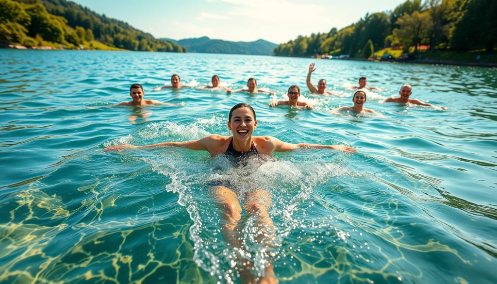 A vibrant outdoor scene showcasing the synergy between water and sports. In the foreground, an athletic person effortlessly glides through crystal-clear waters, their limbs creating graceful ripples. In the middle ground, a group of energetic individuals engage in various aquatic activities, their faces radiating joy and exhilaration. The background depicts a picturesque lakeside setting, with lush greenery framing the scene and a warm, golden light bathing the entire composition. The image conveys a sense of vitality, rejuvenation, and the invigorating power of water in enhancing physical well-being and athletic performance. A vibrant outdoor scene showcasing the synergy between water and sports. In the foreground, an athletic person effortlessly glides through crystal-clear waters, their limbs creating graceful ripples. In the middle ground, a group of energetic individuals engage in various aquatic activities, their faces radiating joy and exhilaration. The background depicts a picturesque lakeside setting, with lush greenery framing the scene and a warm, golden light bathing the entire composition. The image conveys a sense of vitality, rejuvenation, and the invigorating power of water in enhancing physical well-being and athletic performance.