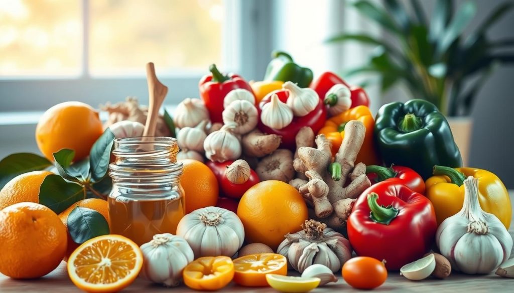 A vibrant still life arrangement featuring an assortment of immune-boosting superfoods. In the foreground, a mix of fresh citrus fruits, such as oranges and lemons, sit alongside a glass jar filled with honey. In the middle ground, clusters of garlic bulbs, ginger roots, and colorful bell peppers create a visually striking composition. The background is softly blurred, allowing the vibrant hues and textures of the produce to take center stage. Backlighting from a window casts a warm, natural glow over the scene, emphasizing the nutrient-rich nature of these immunity-supporting ingredients. The overall mood is one of abundance, vitality, and a celebration of nature's bounty.