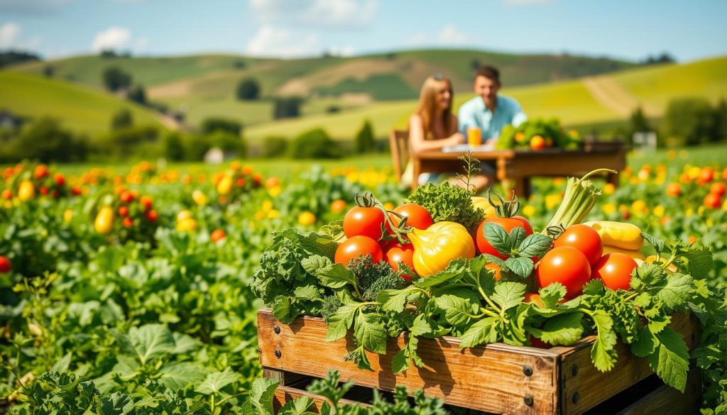 A vibrant, sun-drenched field of lush, organic produce - fresh vegetables, ripened fruits, and verdant greens. In the foreground, a wooden crate overflows with an array of colorful, unblemished items - juicy tomatoes, crisp lettuces, and fragrant herbs. The middle ground features a family gathered around a rustic wooden table, happily sharing a wholesome meal prepared with the just-harvested bounty. In the background, a serene, rolling landscape with verdant hills and a clear blue sky, conveying a sense of harmony and well-being. The scene is bathed in warm, natural lighting, creating a soft, inviting atmosphere that highlights the purity and vitality of these organic, eco-friendly products.