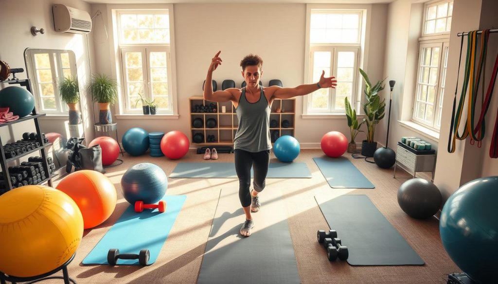 A well-equipped home gym with various fitness equipment - exercise balls, dumbbells, yoga mats, and resistance bands. The room is bathed in warm, natural light from large windows, creating a soothing, motivational atmosphere. In the center, a person performs a series of dynamic stretches and strength-training exercises, demonstrating an effective, beginner-friendly home workout routine. The space is organized and uncluttered, allowing for ample movement and a sense of focused productivity. A well-equipped home gym with various fitness equipment - exercise balls, dumbbells, yoga mats, and resistance bands. The room is bathed in warm, natural light from large windows, creating a soothing, motivational atmosphere. In the center, a person performs a series of dynamic stretches and strength-training exercises, demonstrating an effective, beginner-friendly home workout routine. The space is organized and uncluttered, allowing for ample movement and a sense of focused productivity.