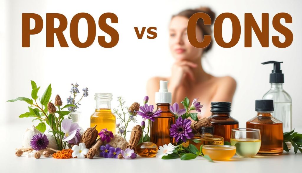 A well-lit, balanced composition showcasing the pros and cons of natural skincare products. In the foreground, an array of natural ingredients such as herbs, flowers, and oils are neatly arranged, conveying the benefits of these pure, plant-based formulas. In the middle ground, a serene, minimalist background highlights the simplicity and transparency of natural skincare. In the background, a subtle silhouette of a person considering the pros and cons, with a thoughtful expression. The lighting is soft and diffused, creating a calming, contemplative atmosphere that invites the viewer to reflect on the merits of natural skincare.