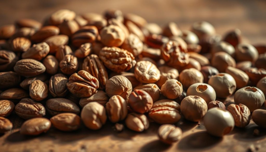 A well-lit, close-up image of a variety of freshly harvested nuts arranged on a wooden table. The nuts should include almonds, walnuts, pecans, and hazelnuts, each showcasing their unique shapes, textures, and colors. The foreground should be in sharp focus, while the background is softly blurred, creating a sense of depth and emphasizing the subject. The lighting should be warm and natural, casting subtle shadows that accentuate the contours of the nuts. The overall composition should convey a sense of quality, care, and the visual appeal of these nutritious ingredients.