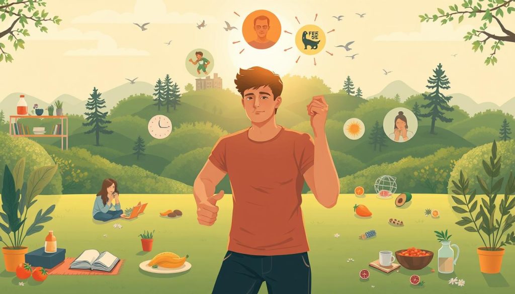 A well-lit, high-resolution illustration depicting the prevention of harmful habits. In the foreground, a person is exercising and maintaining a healthy lifestyle, surrounded by various healthy activities such as reading, meditating, and consuming nutritious foods. In the middle ground, the scene transitions to show the person overcoming cravings and temptations, represented by subtle visual metaphors. The background features a serene, natural environment, conveying a sense of balance and wellness. The overall mood is one of positivity, empowerment, and a holistic approach to overcoming harmful habits.